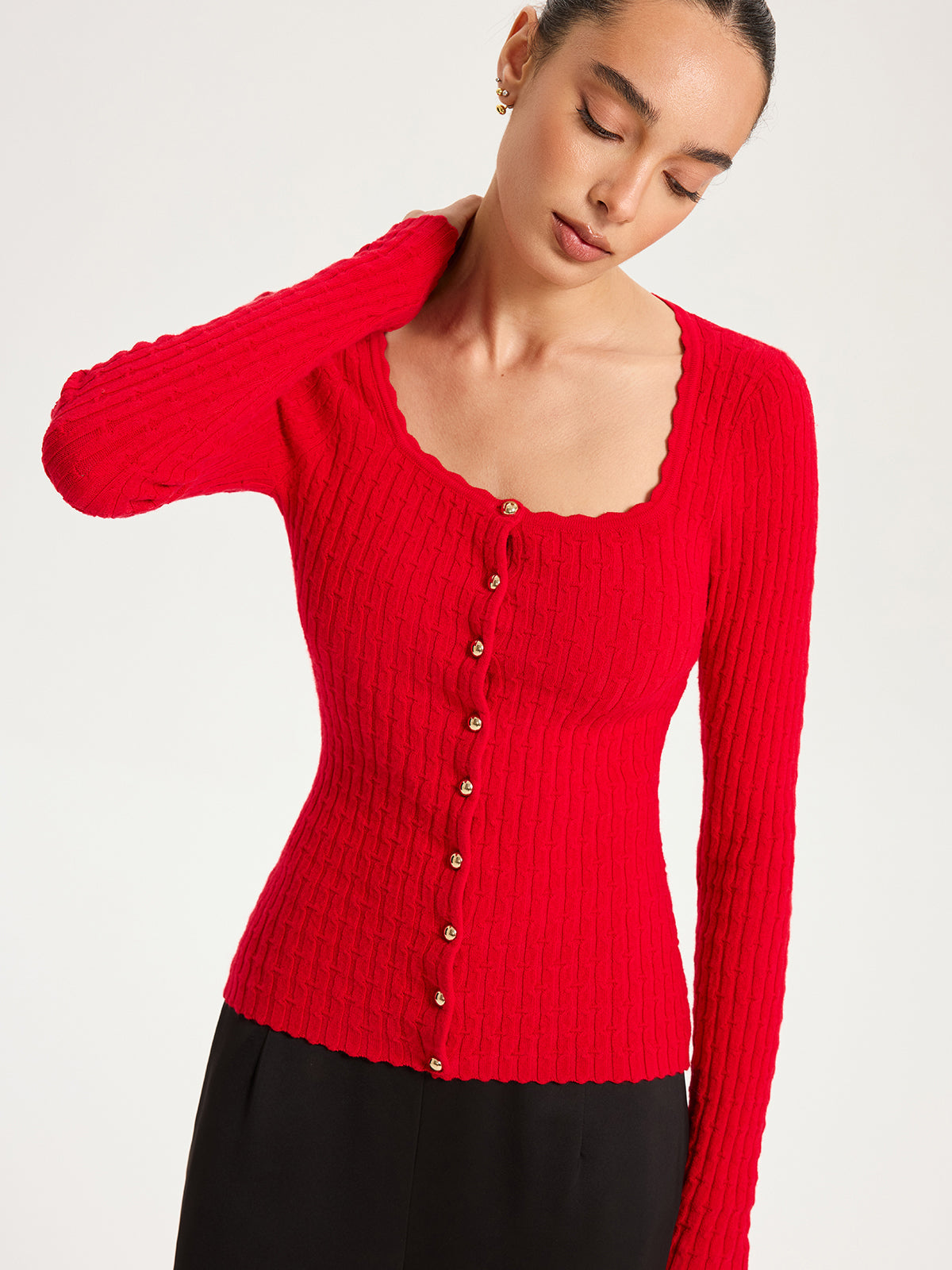 Wool-Blend Cable-Knit Metal Button Cardigan