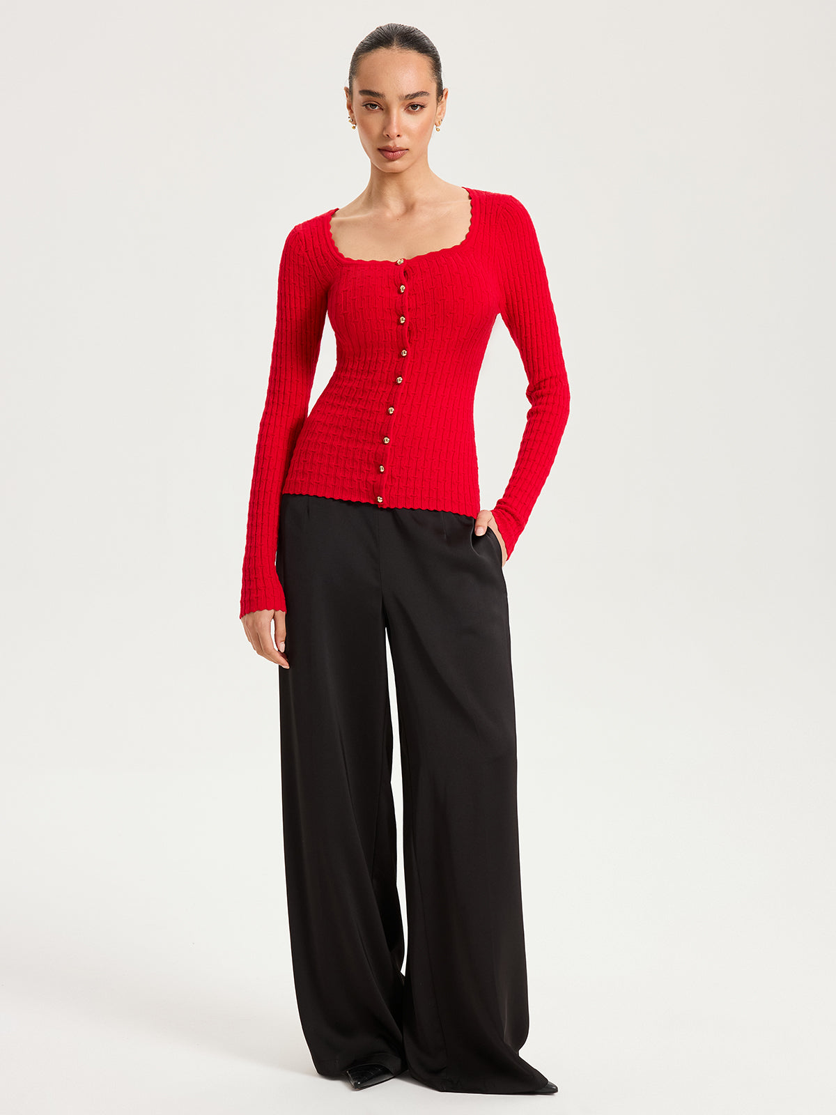 Wool-Blend Cable-Knit Metal Button Cardigan