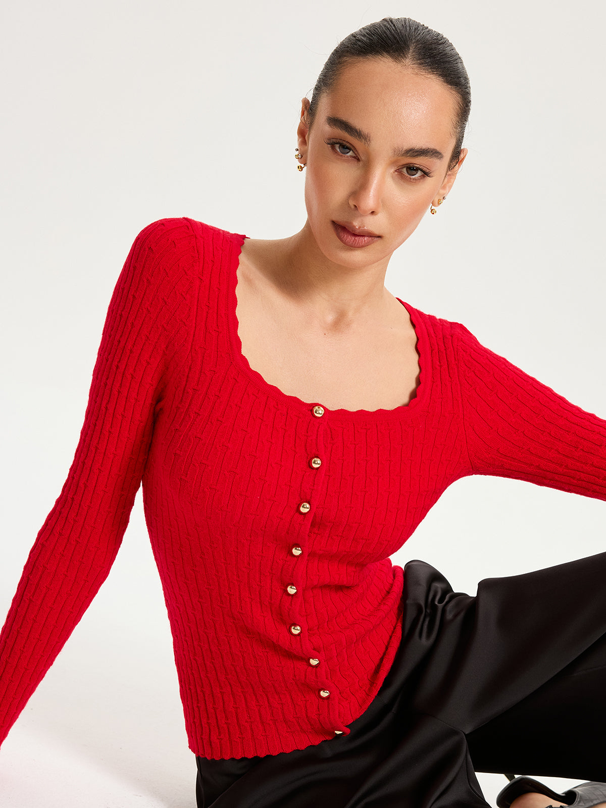 Wool-Blend Cable-Knit Metal Button Cardigan