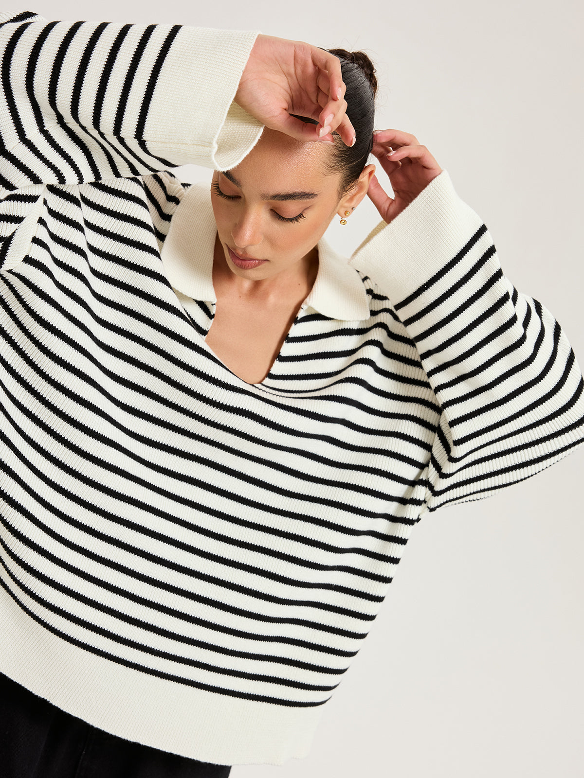 Striped Polo V-Neck Knit Top