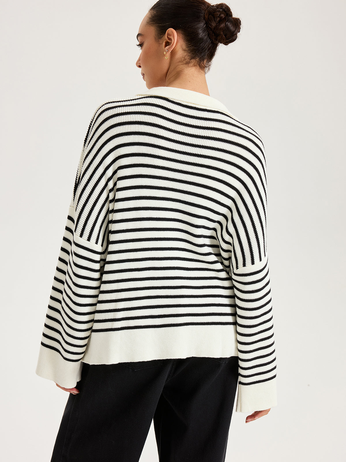 Striped Polo V-Neck Knit Top