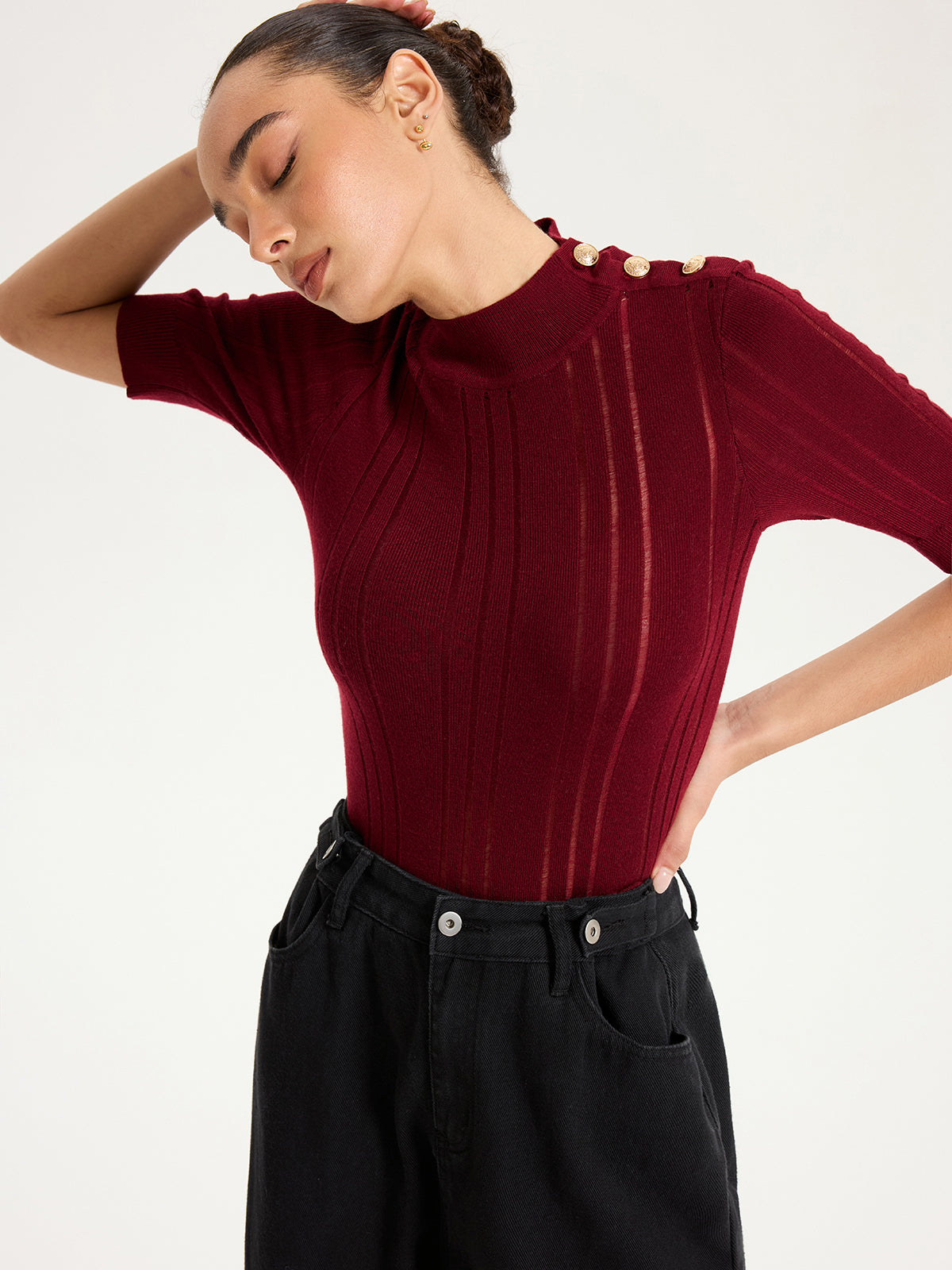 Shoulder Button Mock Neck Short Sleeve Sweater