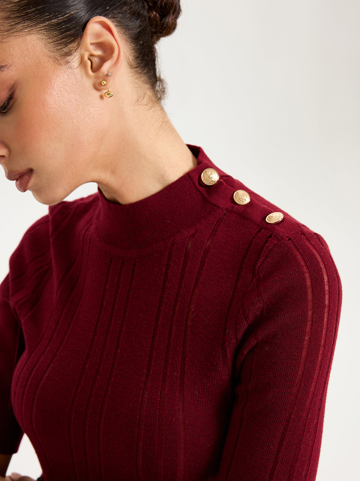 Shoulder Button Mock Neck Short Sleeve Sweater