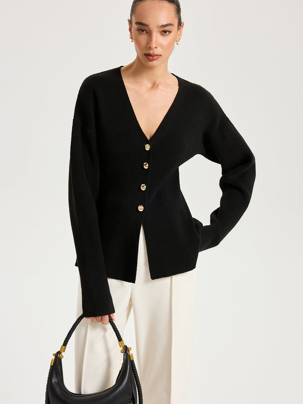 Cardigan en maille mélangée de laine à col en V et boutons