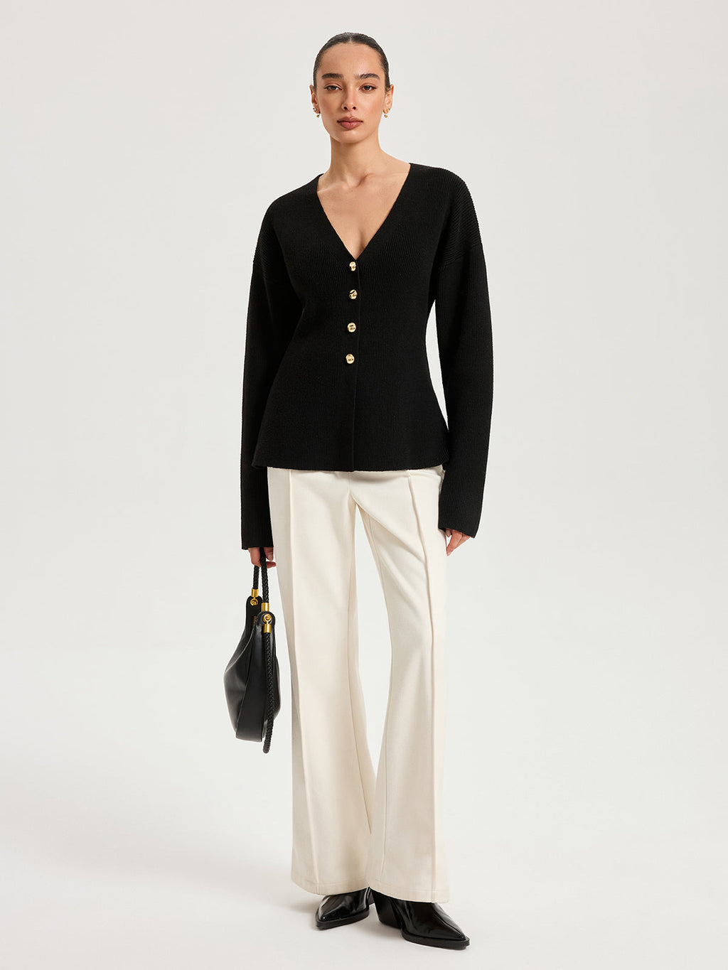 Cardigan en maille mélangée de laine à col en V et boutons
