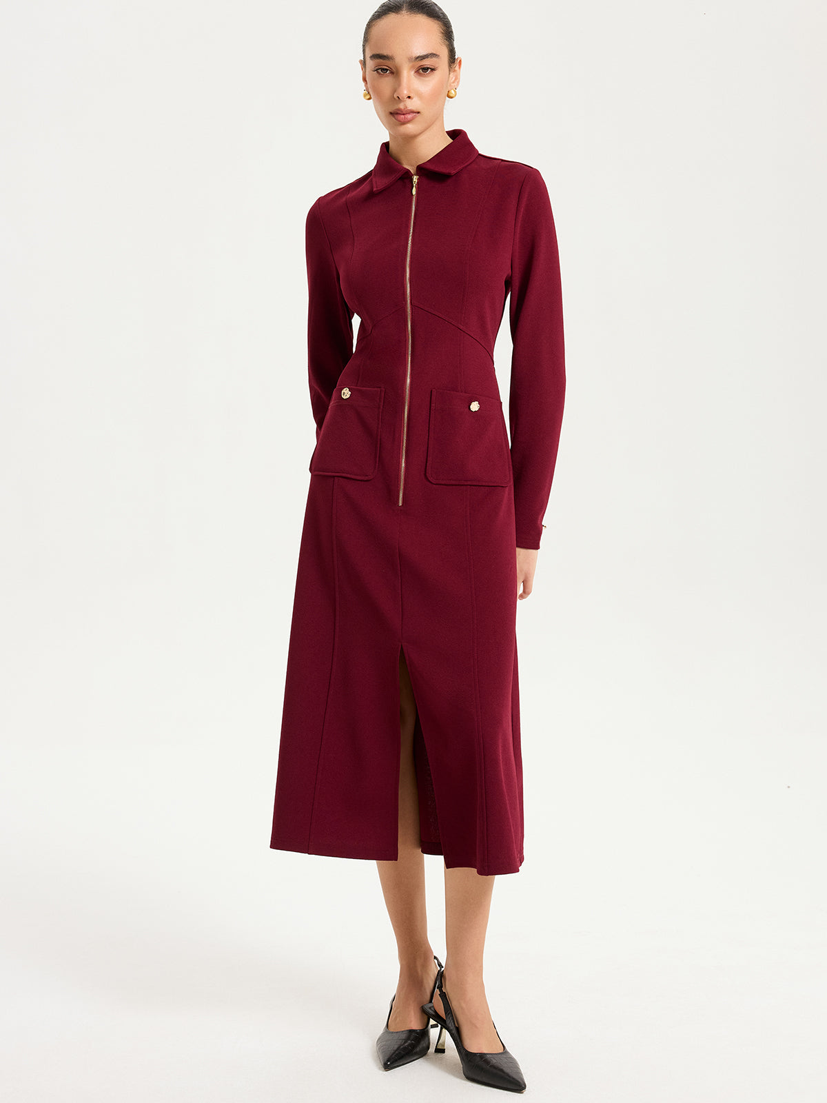 Robe midi fendue à col et fermeture éclair 