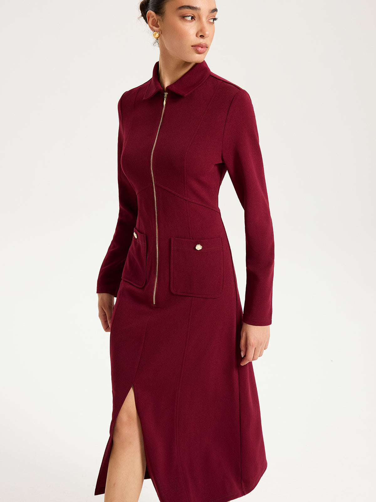 Robe midi fendue à col et fermeture éclair 