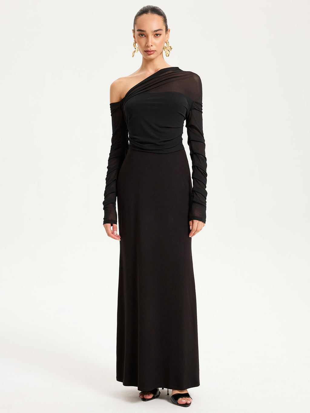 One-Shoulder Sheer Ruched Long Sleeve Maxi Dress