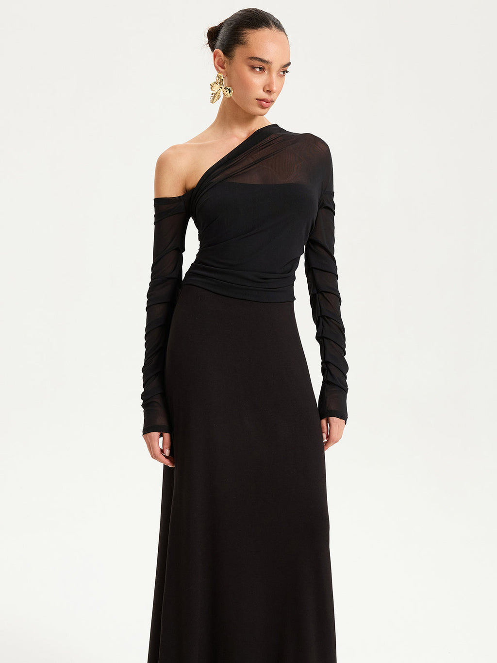 One-Shoulder Sheer Ruched Long Sleeve Maxi Dress