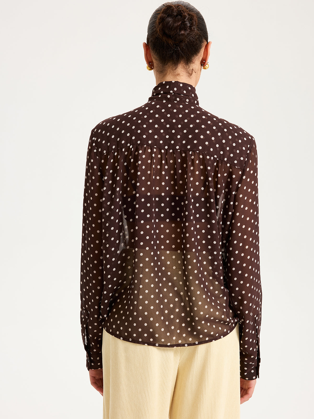 Semi-Sheer Polka Dot Chiffon Bow Blouse
