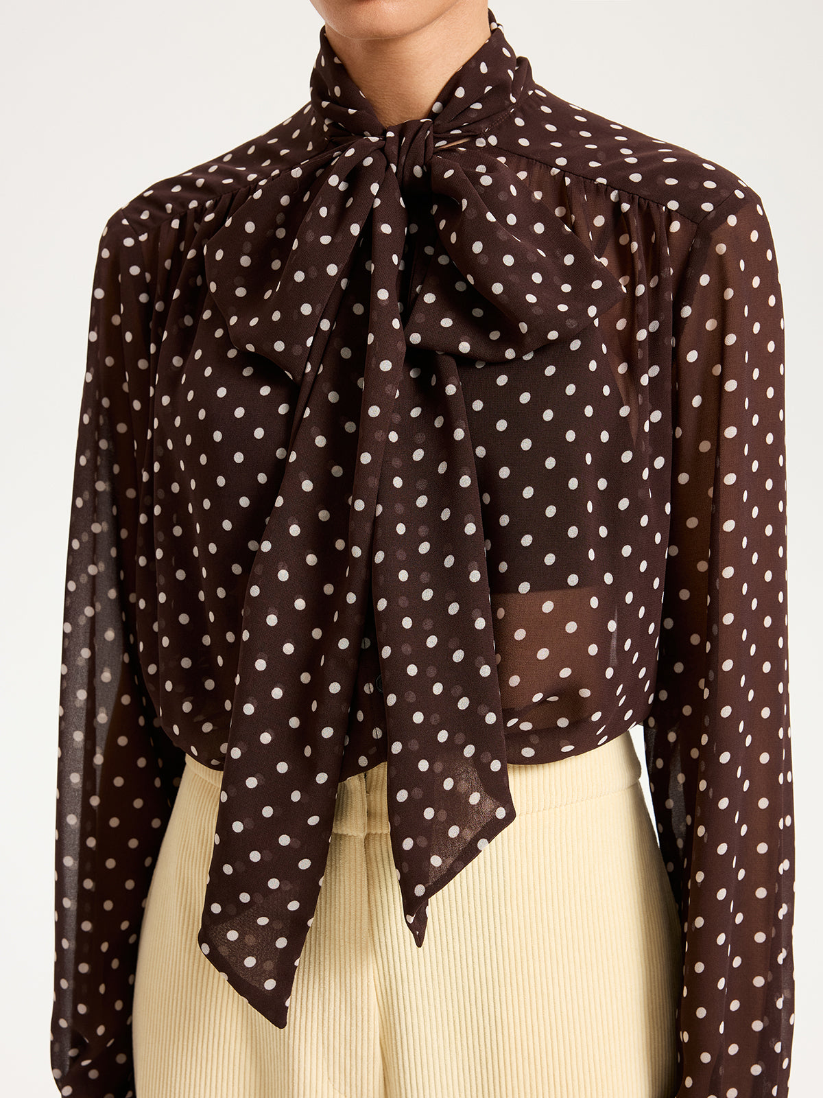 Semi-Sheer Polka Dot Chiffon Bow Blouse