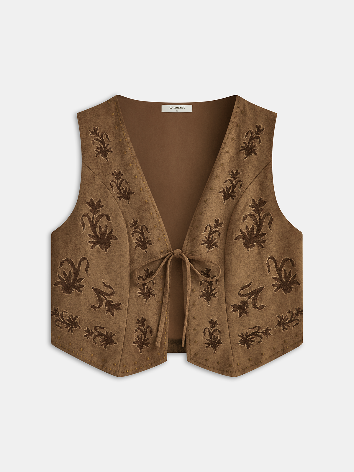 Suede Effect Embroidered Tie-Front Vest