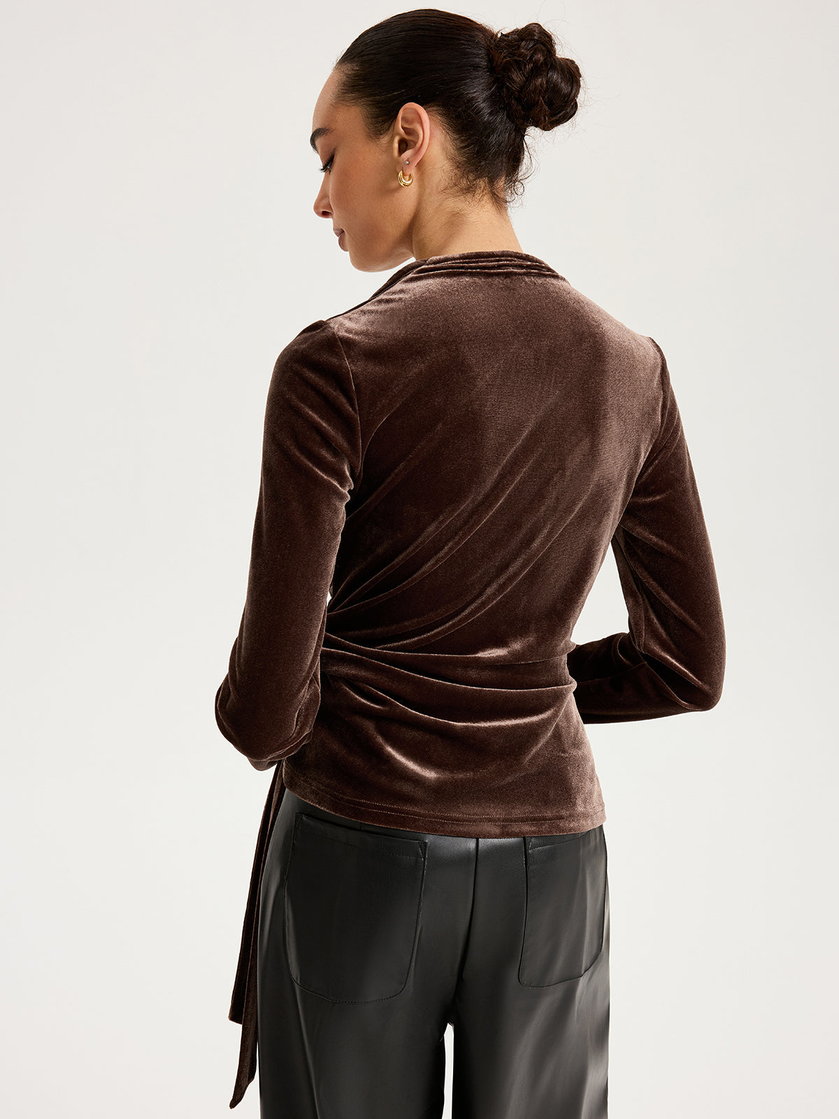 Long Sleeve Knot-Tie Velvet Asymmetric Top