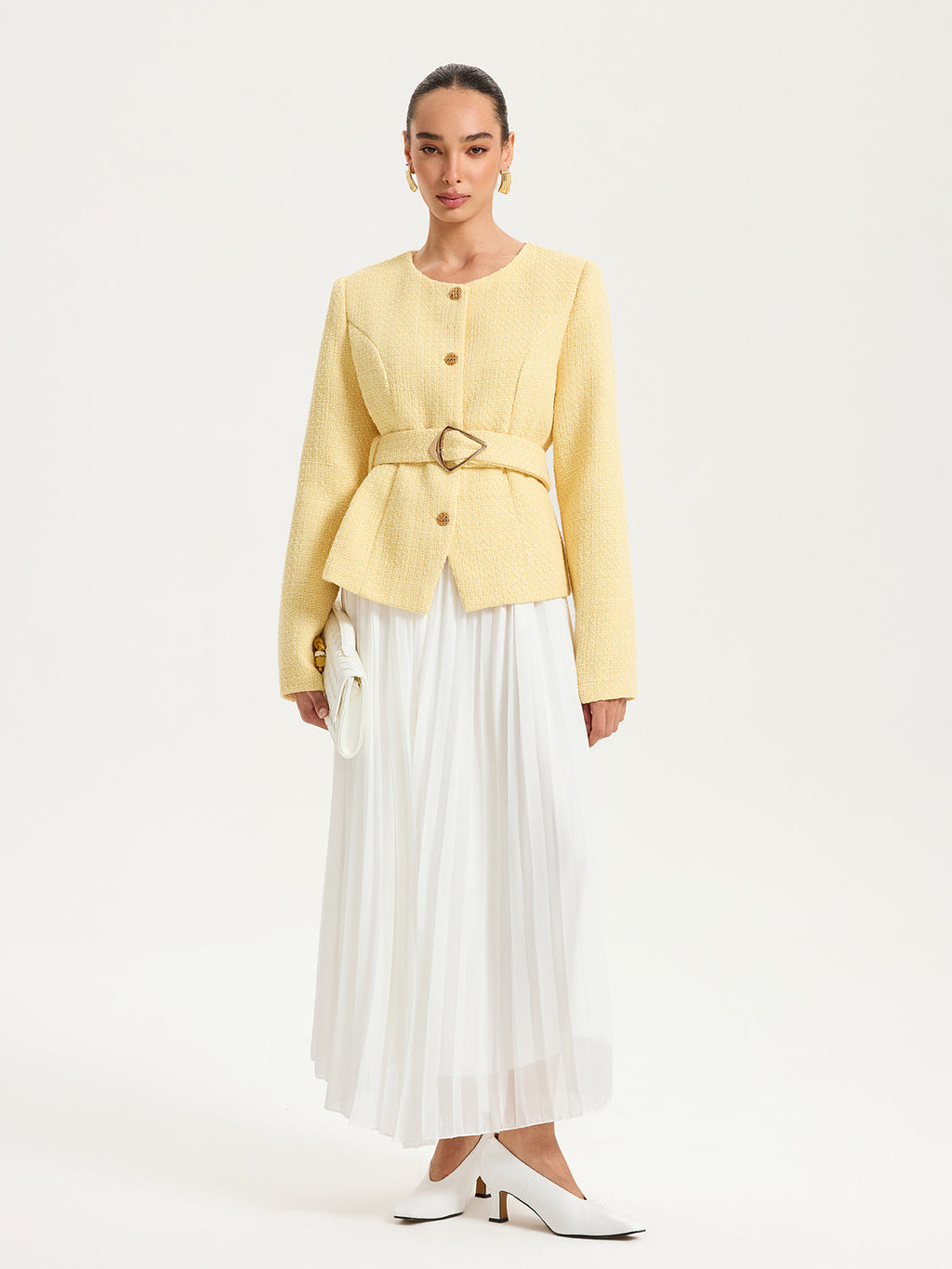 Tweed-Blazer mit Gürtel und Knopfleiste