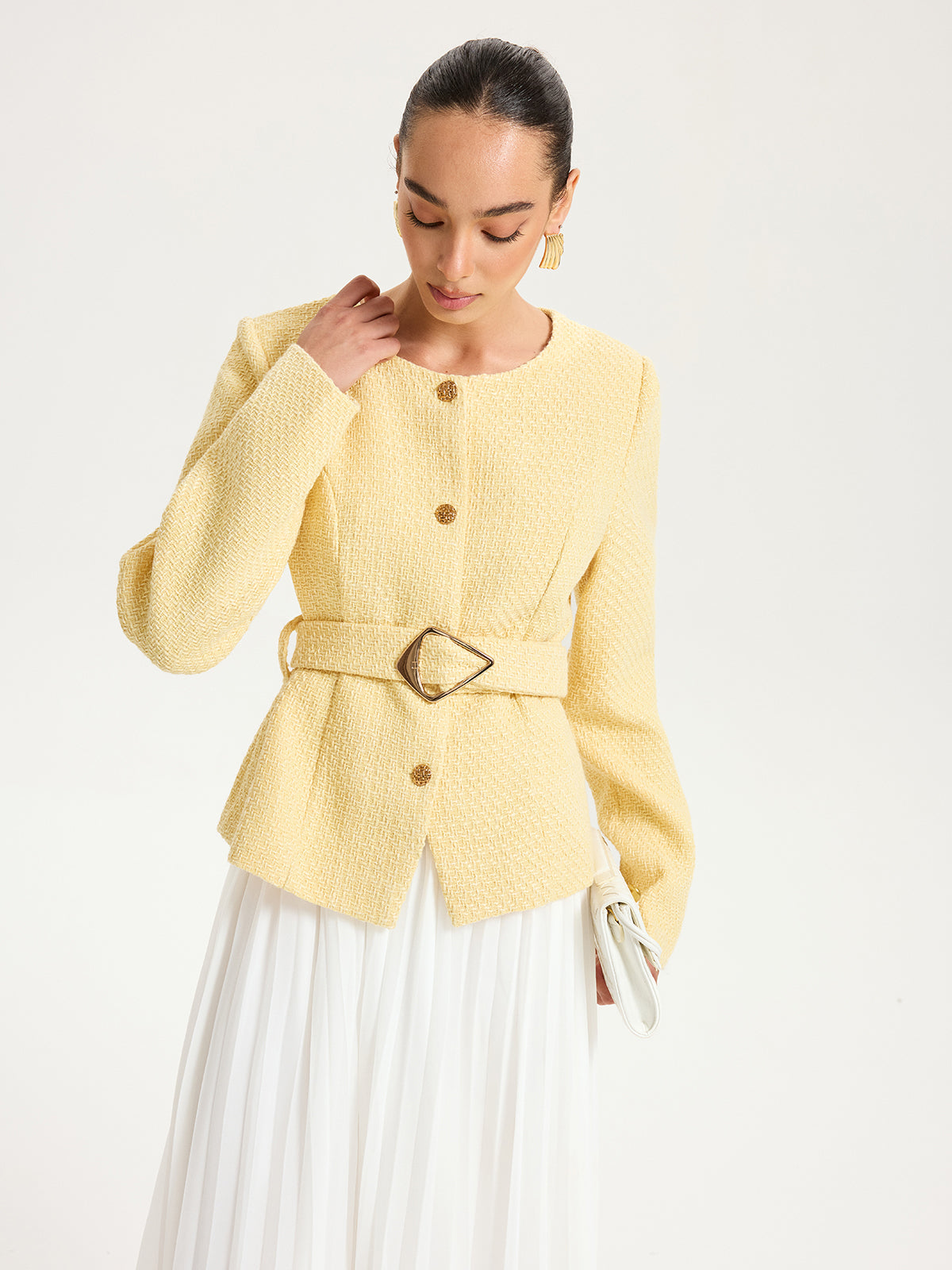 Tweed Belted Button-Front Blazer