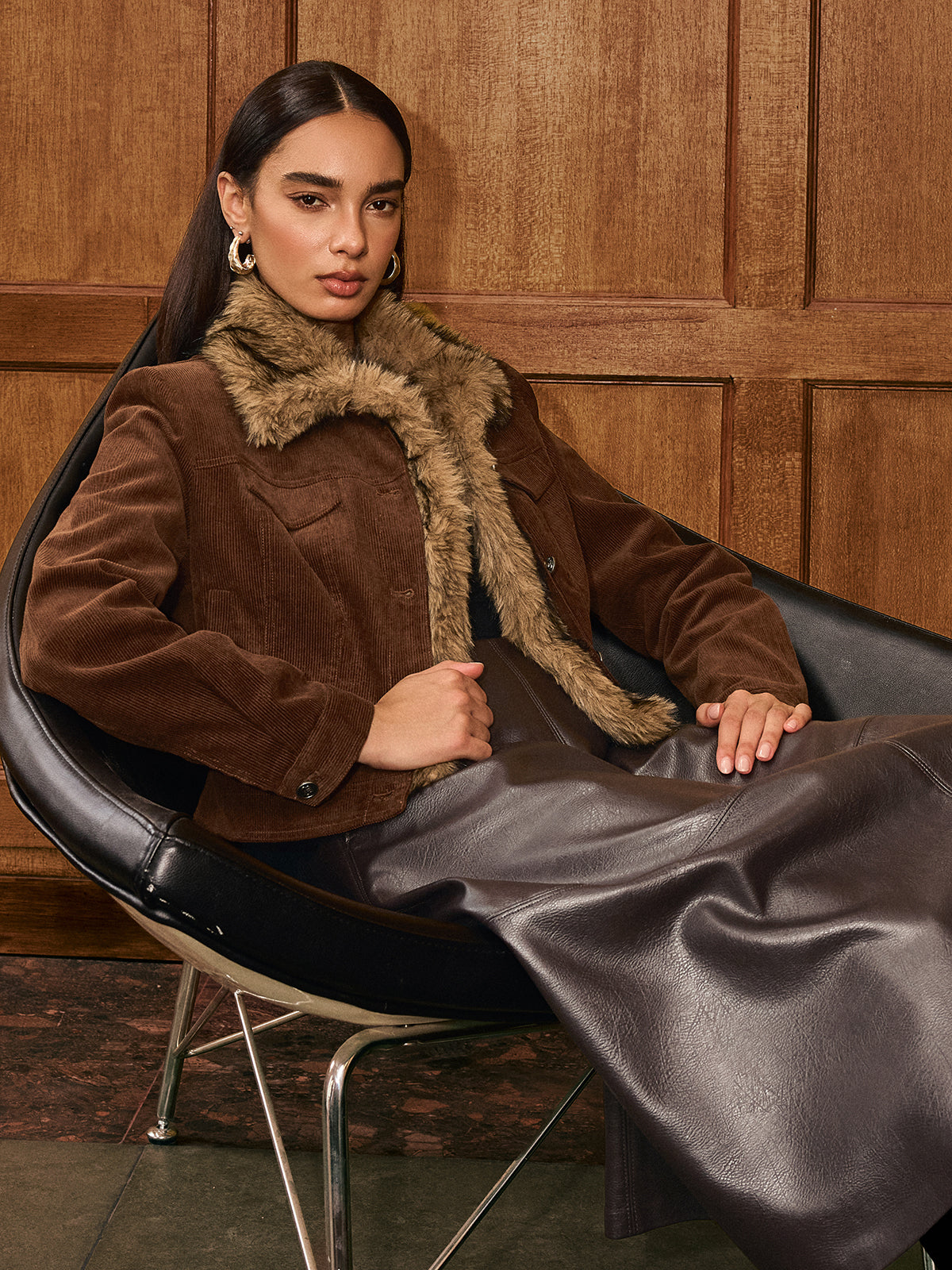 Faux Fur Collar Corduroy Jacket