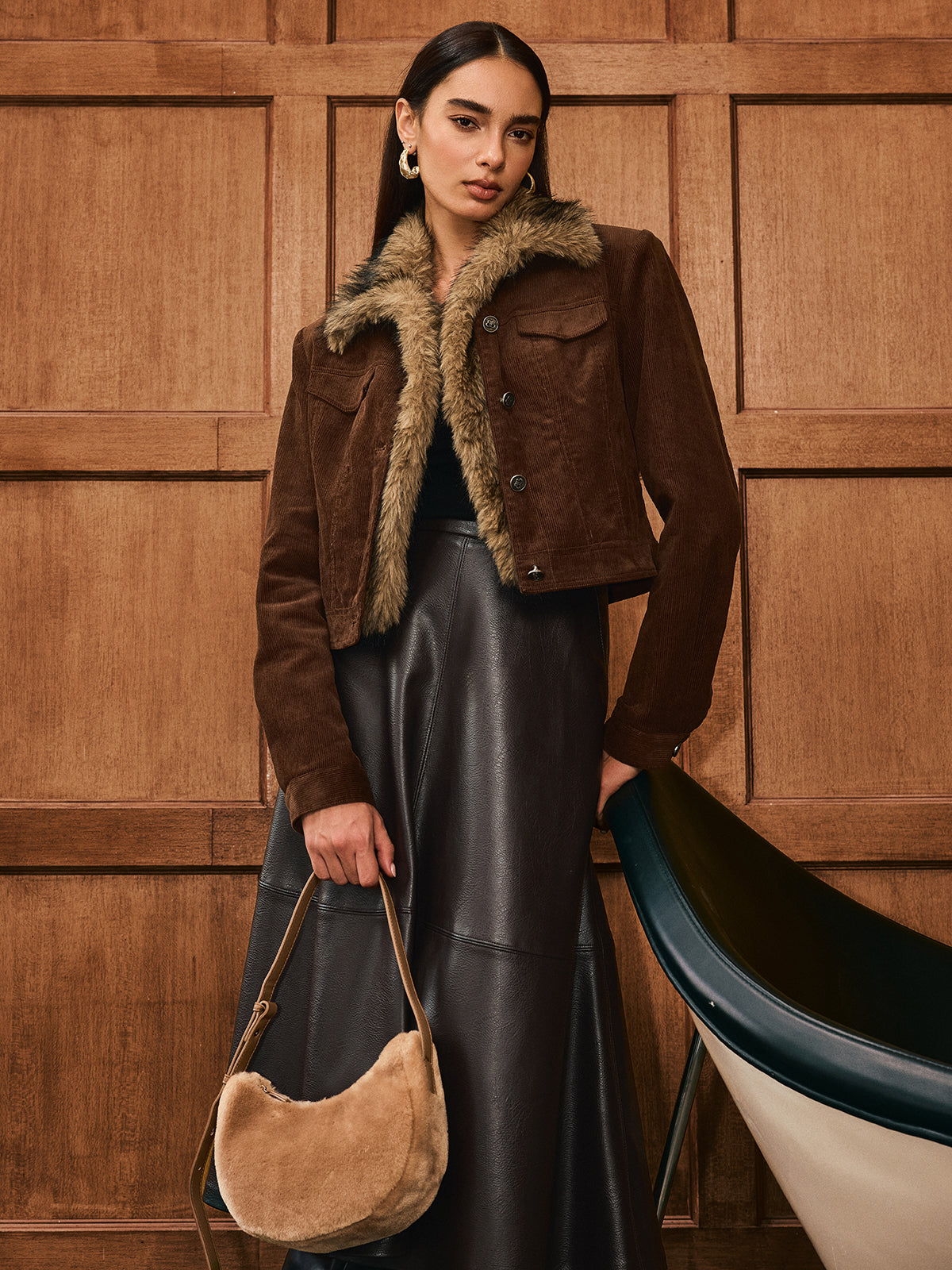 Faux Fur Collar Corduroy Jacket