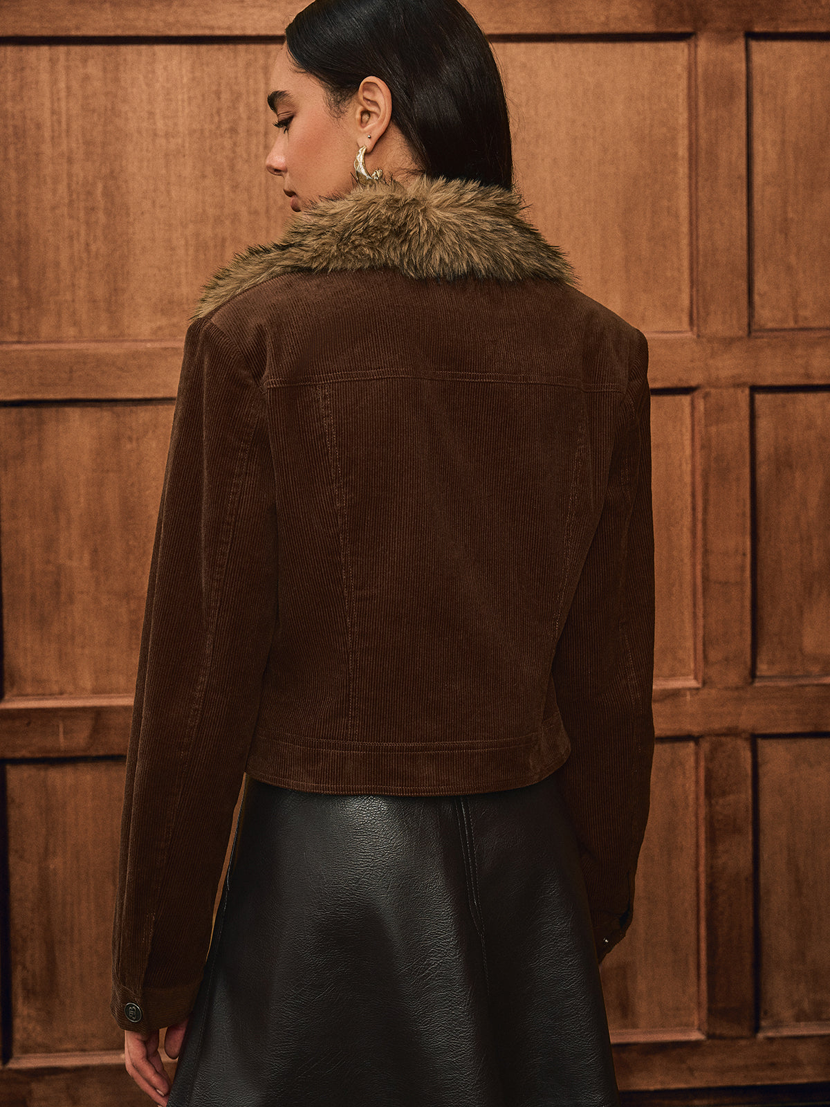 Faux Fur Collar Corduroy Jacket
