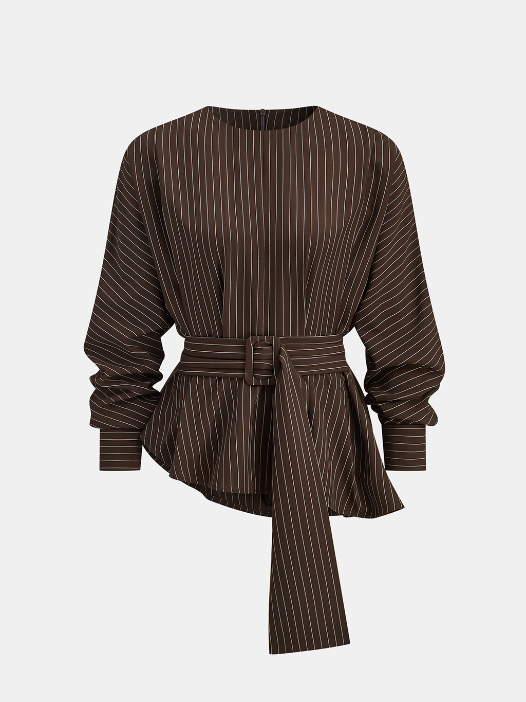 Belted Pinstripe Asymmetric Blouse