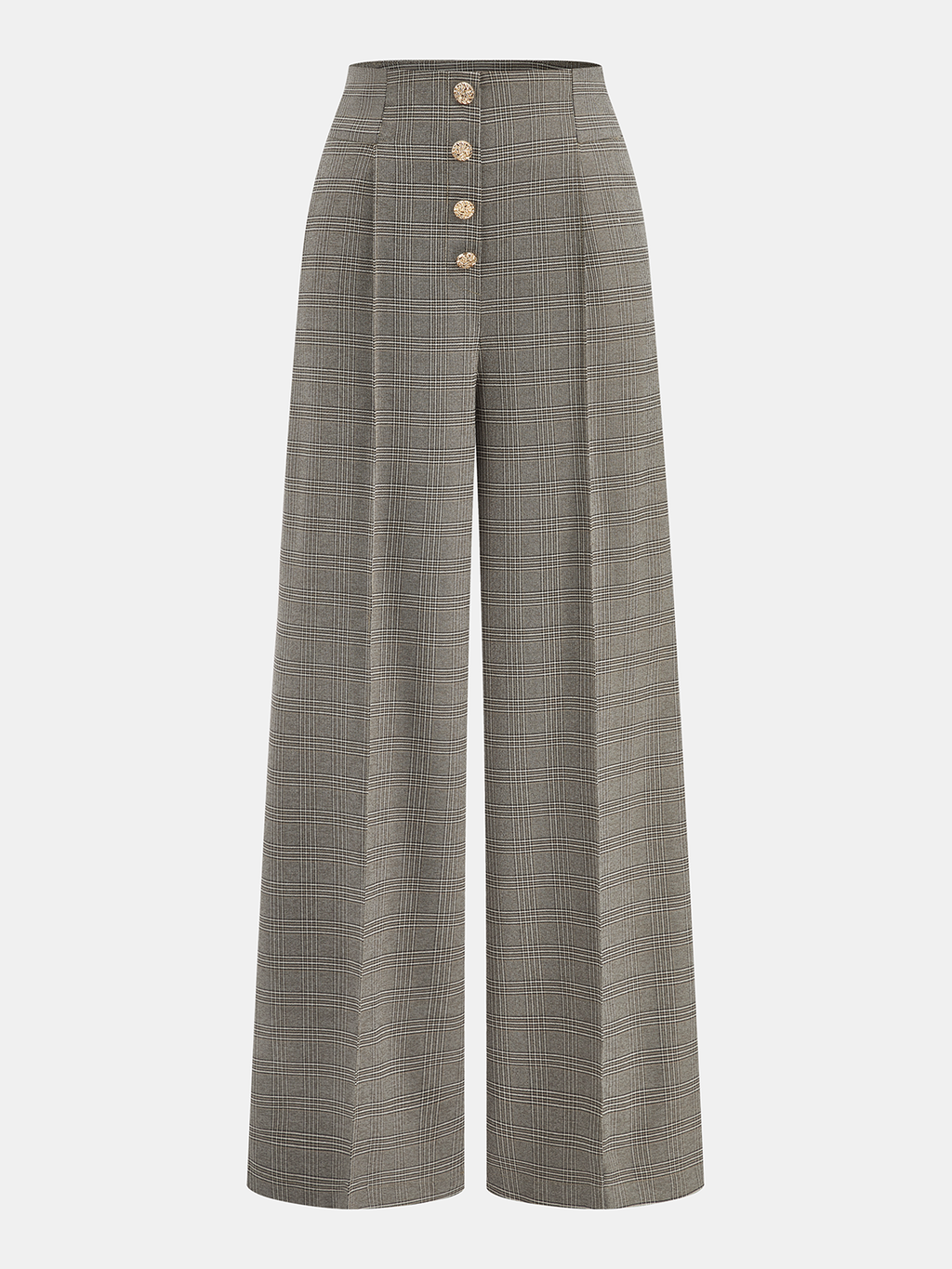 High-Waist Button Detail Plaid Wide-Leg Pants