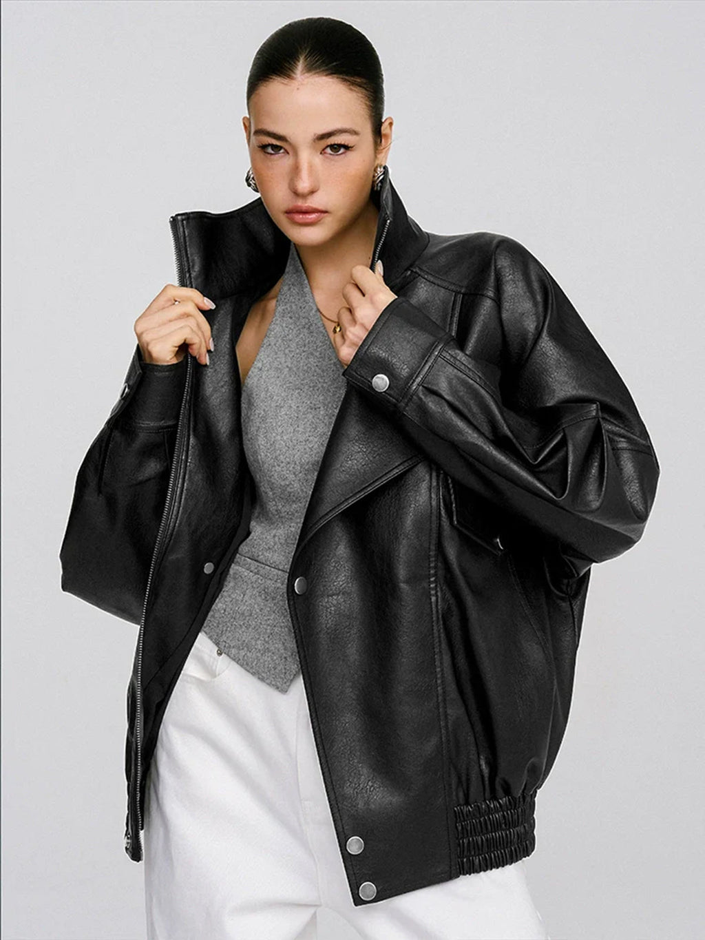 Collared Oversized PU Leather Jacket