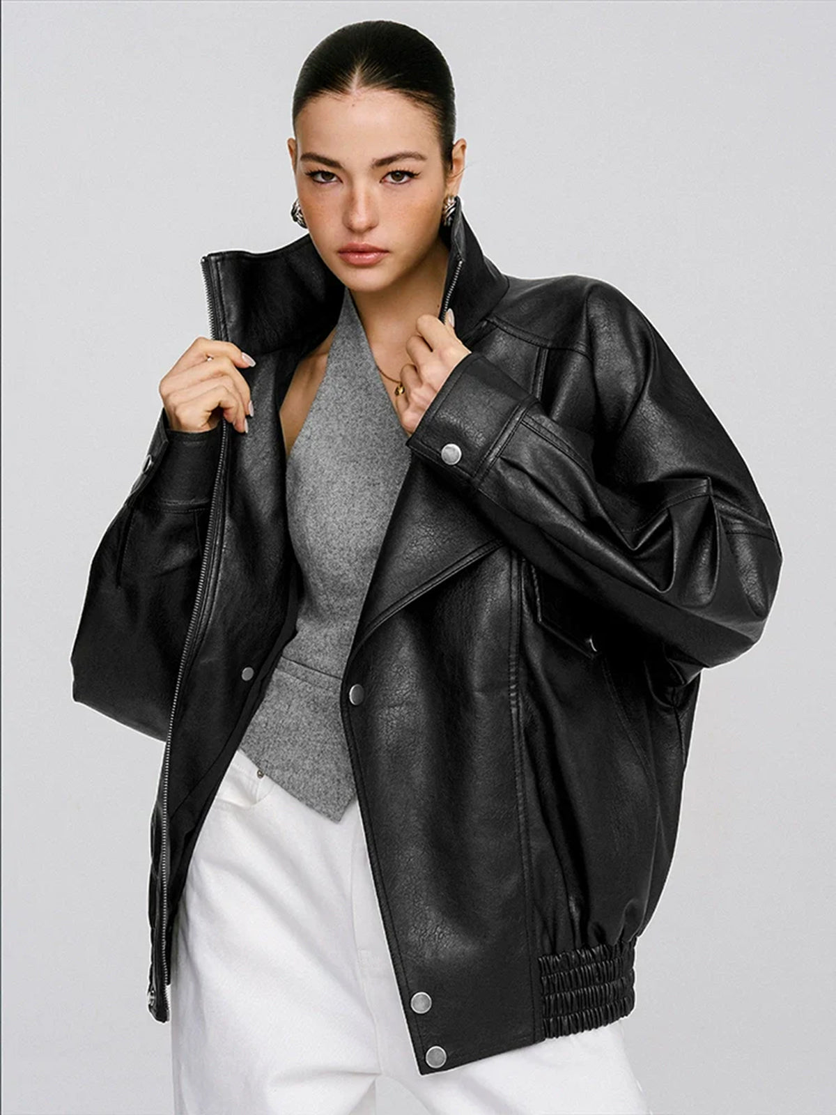 Oversized-Jacke aus PU-Leder mit Kragen