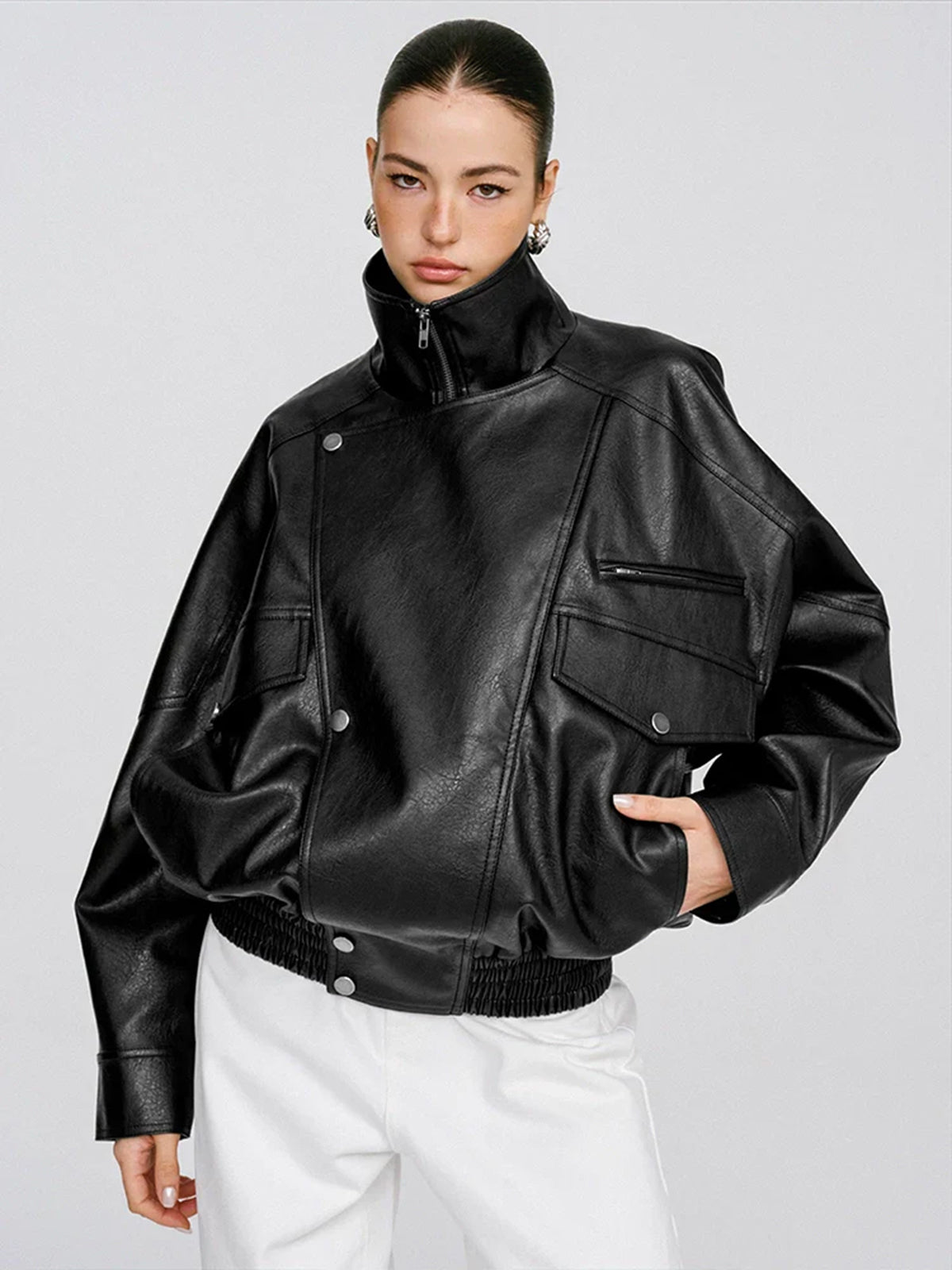 Collared Oversized PU Leather Jacket