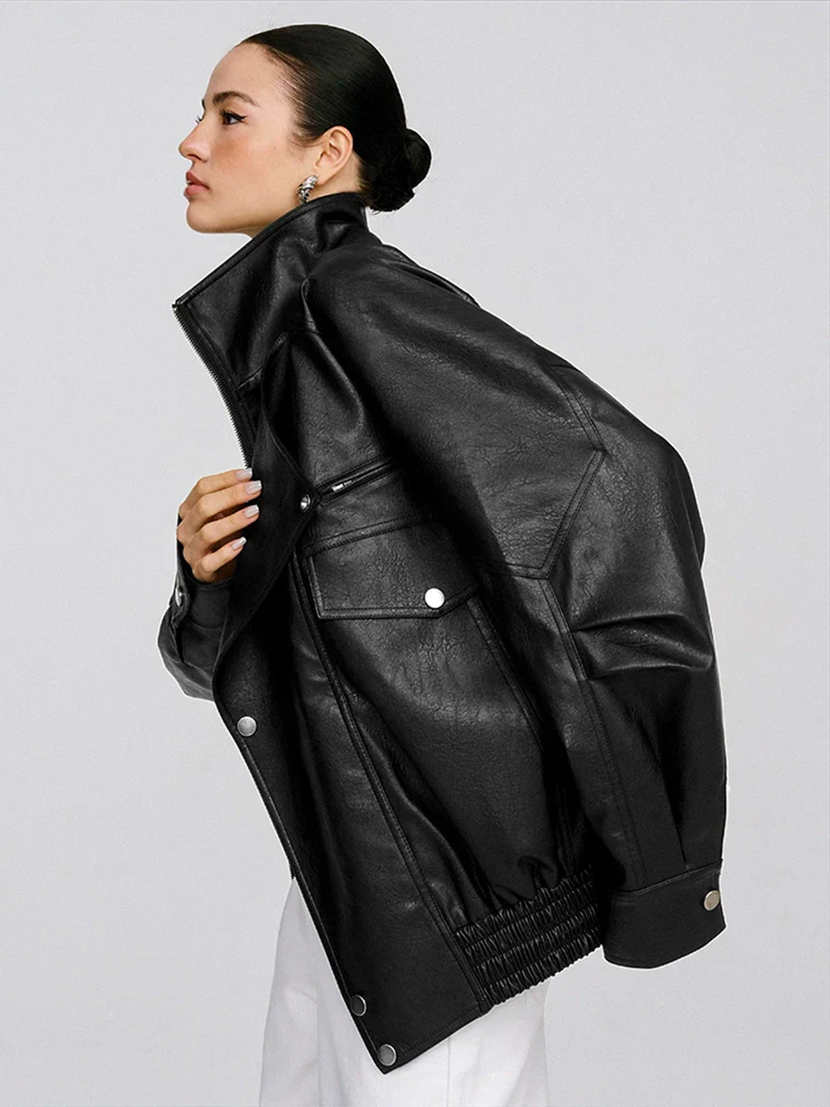 Collared Oversized PU Leather Jacket