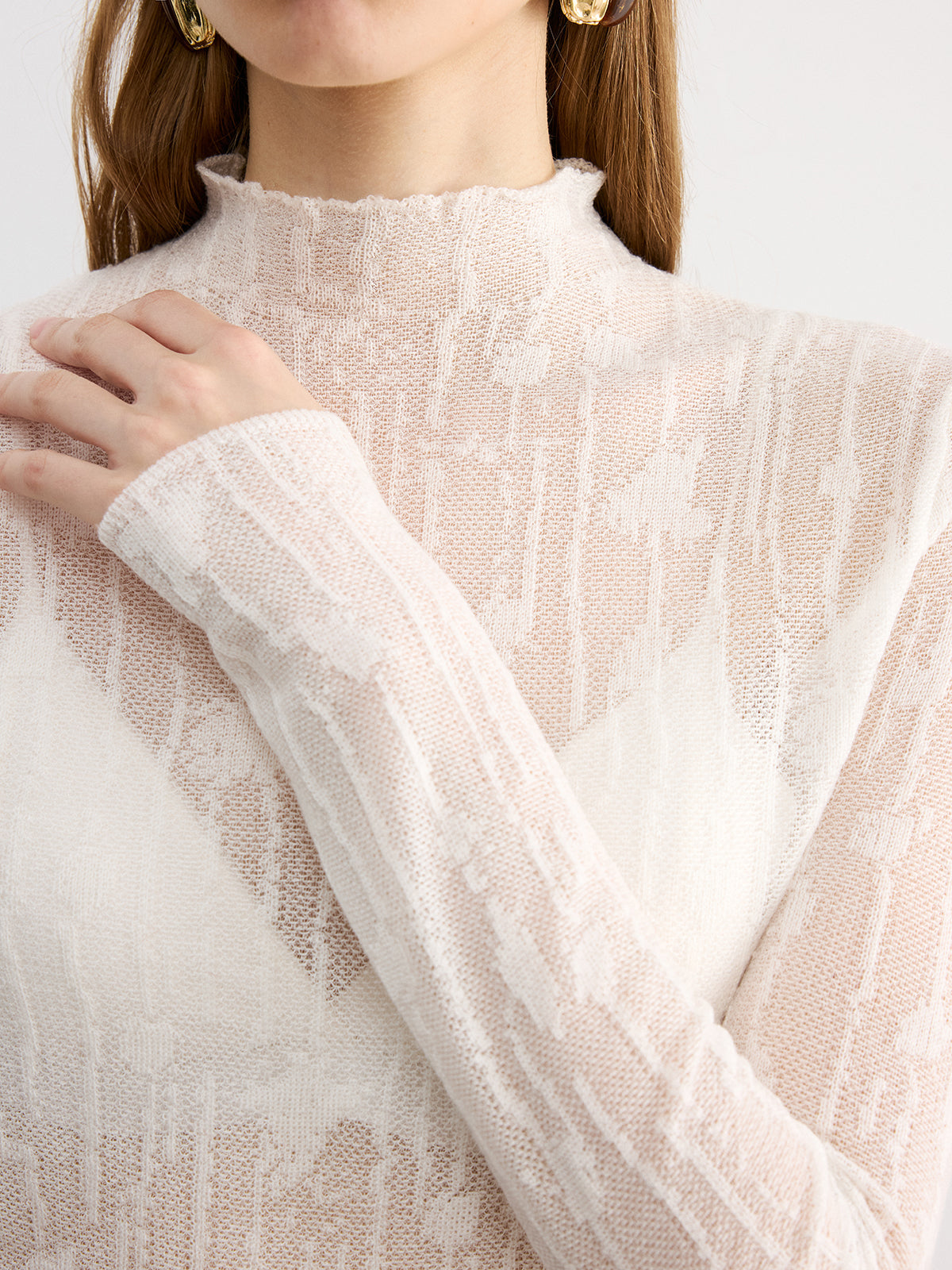 Woll-Rollkragen-Spitzentop, halbtransparent