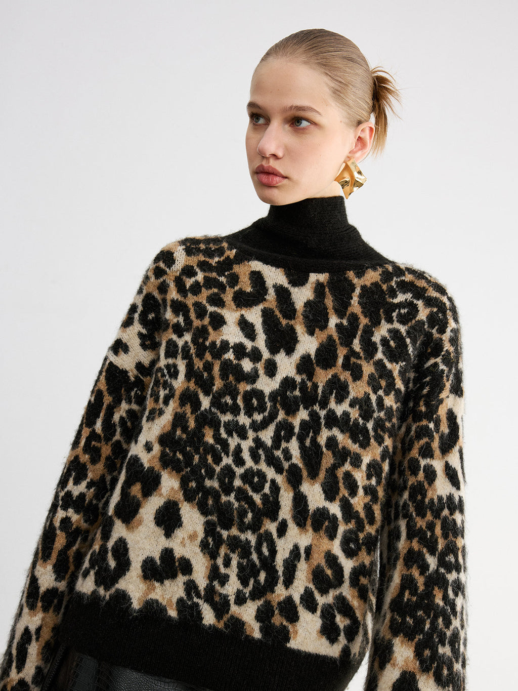 Leopard-Rollkragenpullover aus Wollmischung