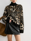 Leopard-Rollkragenpullover aus Wollmischung