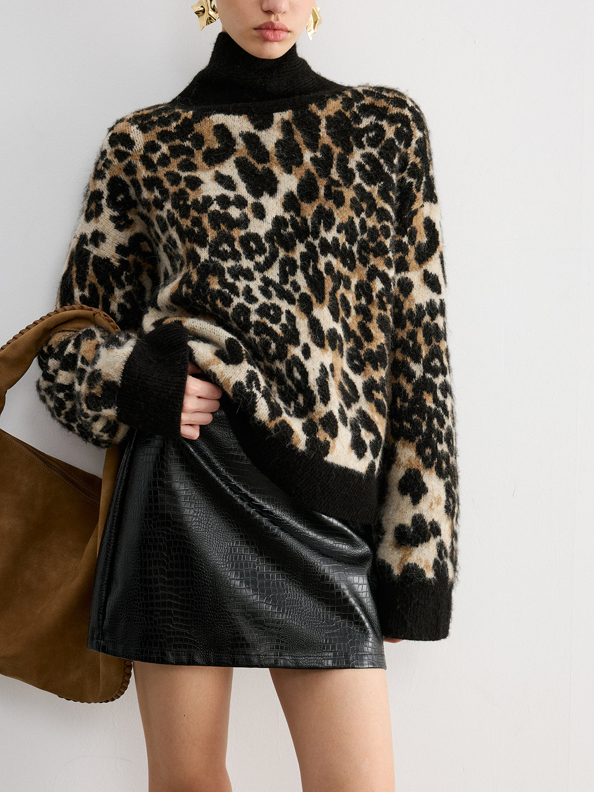 Leopard-Rollkragenpullover aus Wollmischung