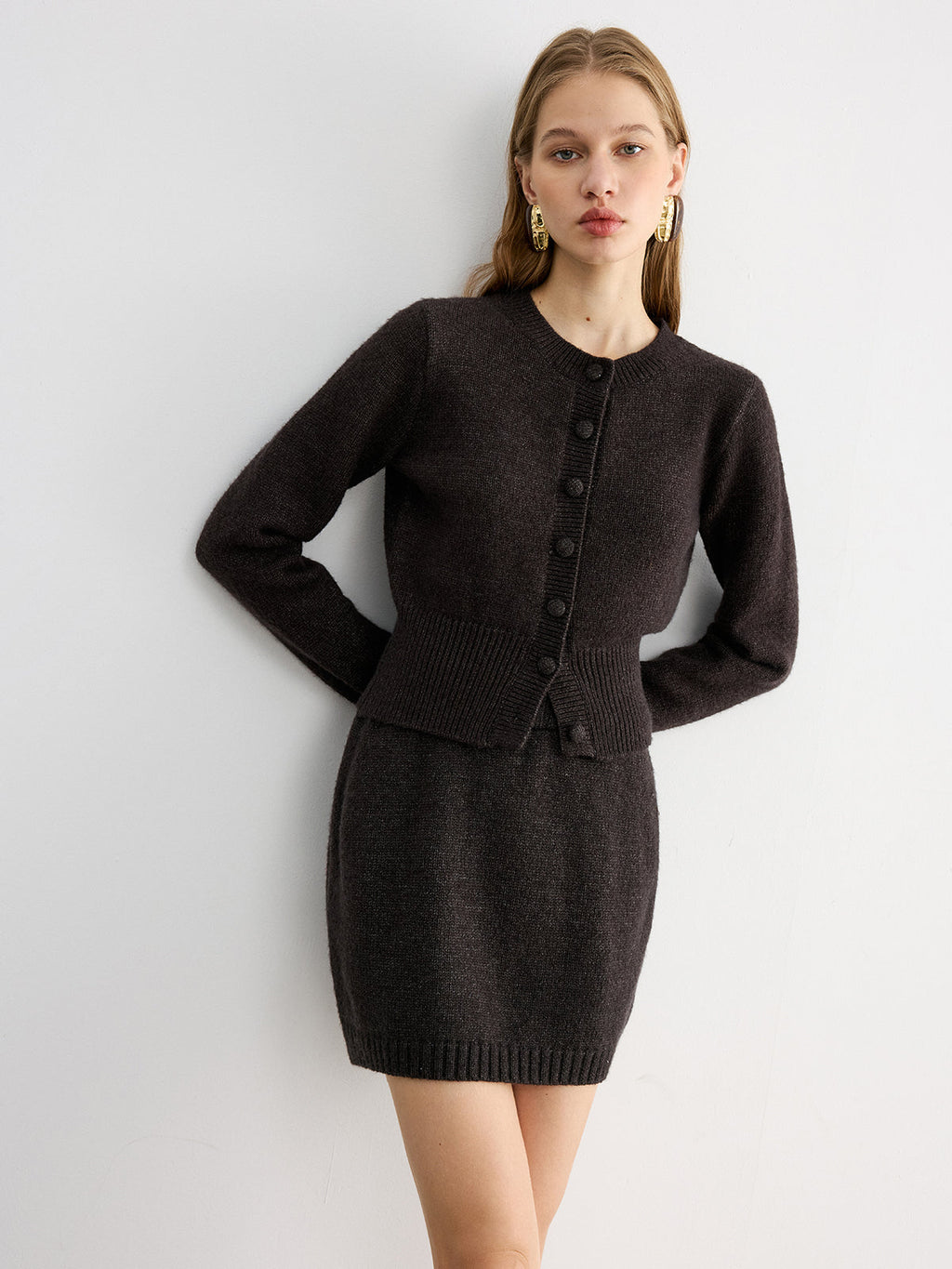 Slim-Fit Knit Cardigan and Mini Skirt Set