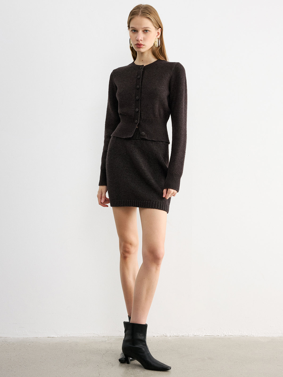 Slim-Fit Knit Cardigan and Mini Skirt Set