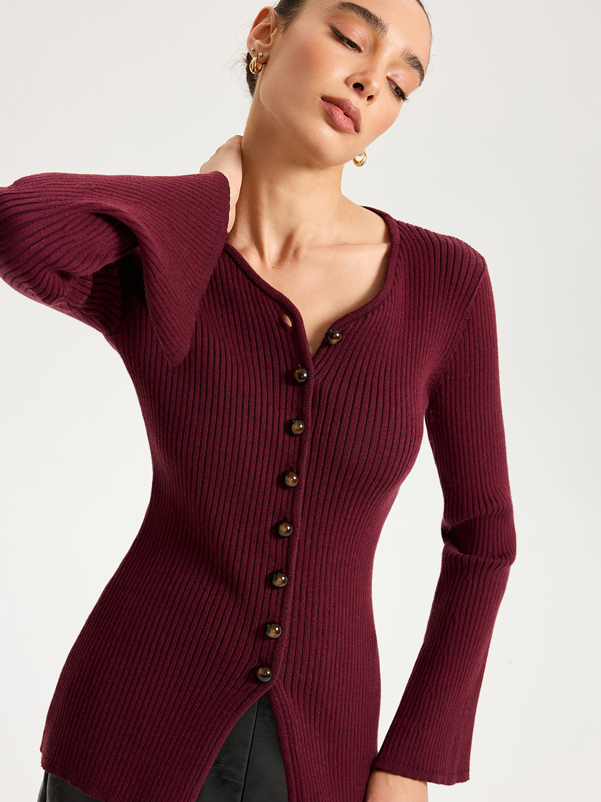 Button-Front Ribbed Knit Top