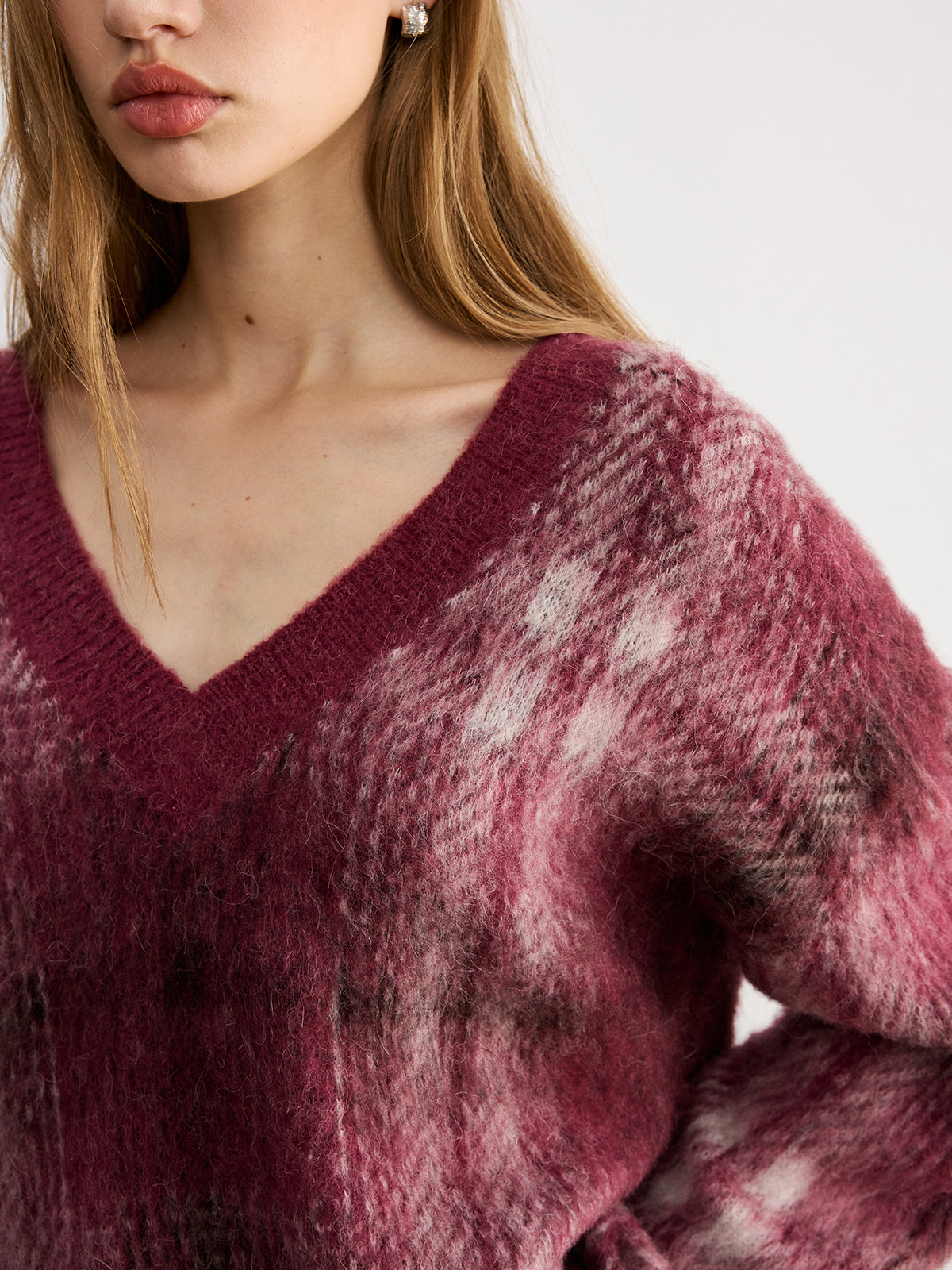 Plaid V-Neck Wool-Blend Sweater
