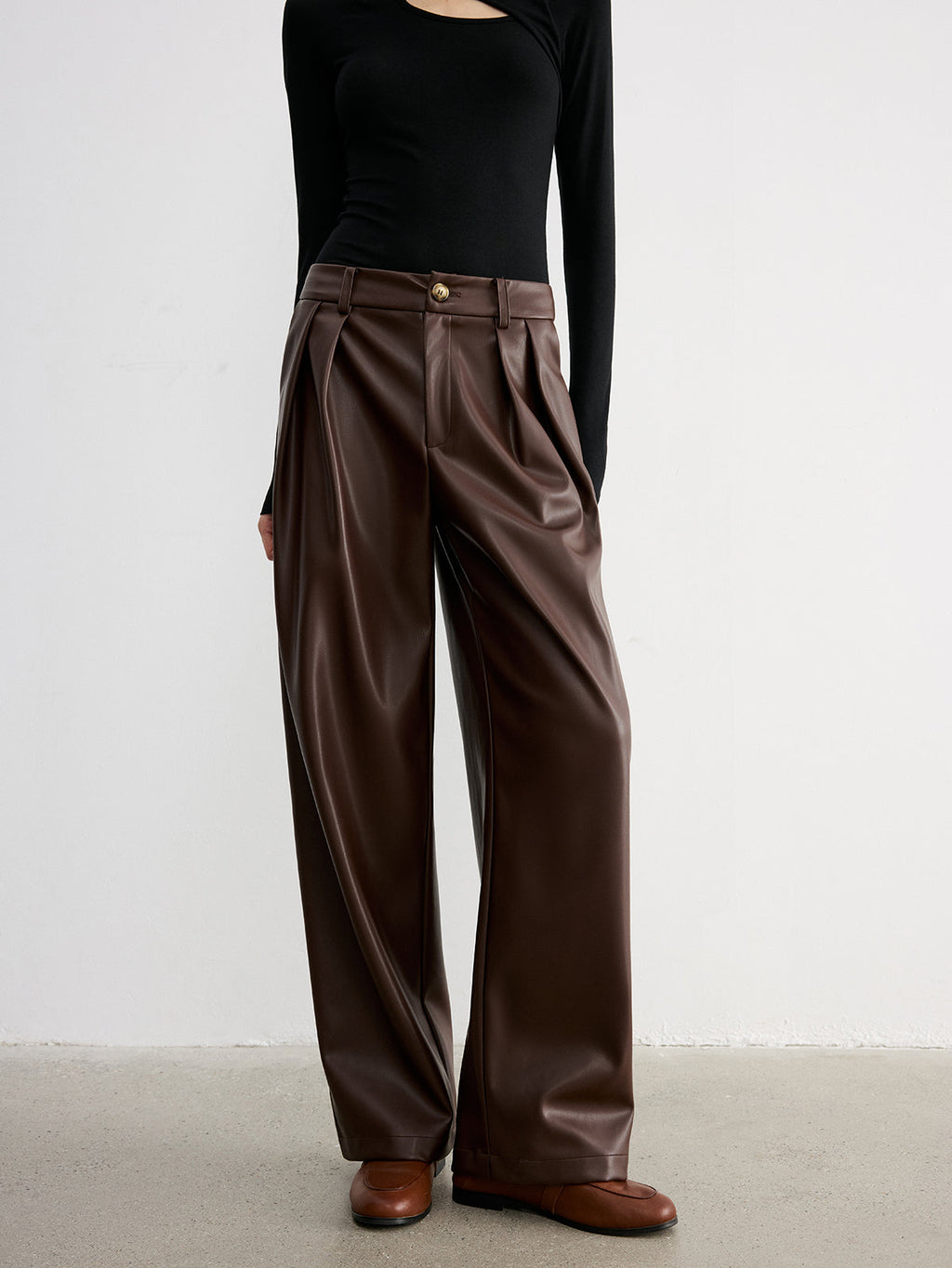 Pantalon large taille mi-haute en similicuir