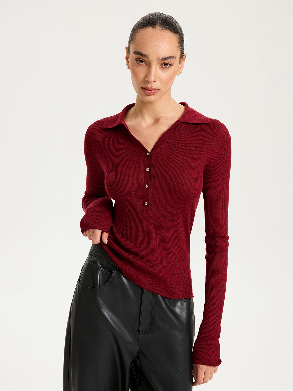Wool-Blend Buttoned Long Sleeve Polo Knit Top