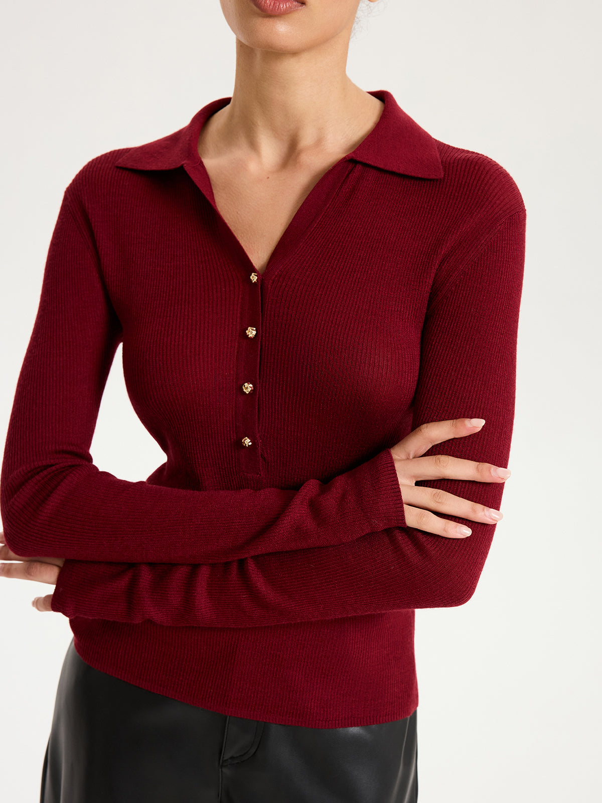 Wool-Blend Buttoned Long Sleeve Polo Knit Top