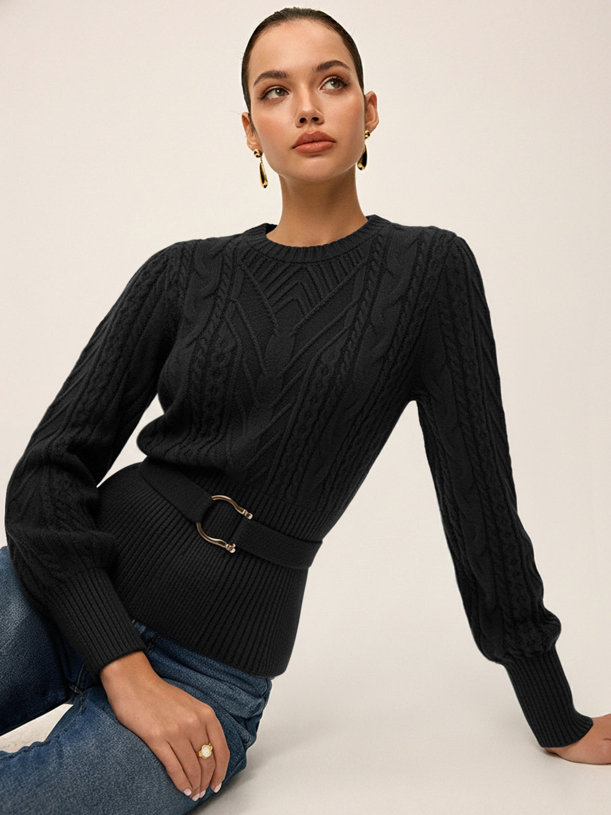 Cinched Waist Belted Cable Knit Top