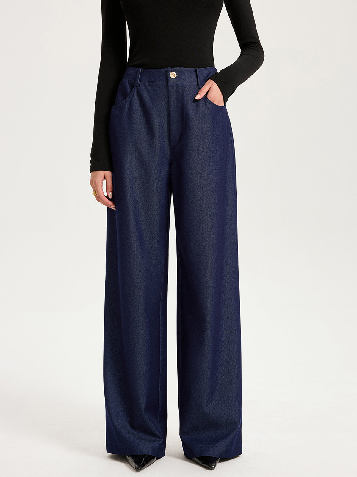 Pantalon large taille haute en faux denim