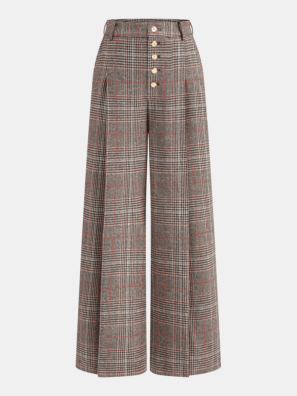 Mid-Waist Plaid Metal Button Pants