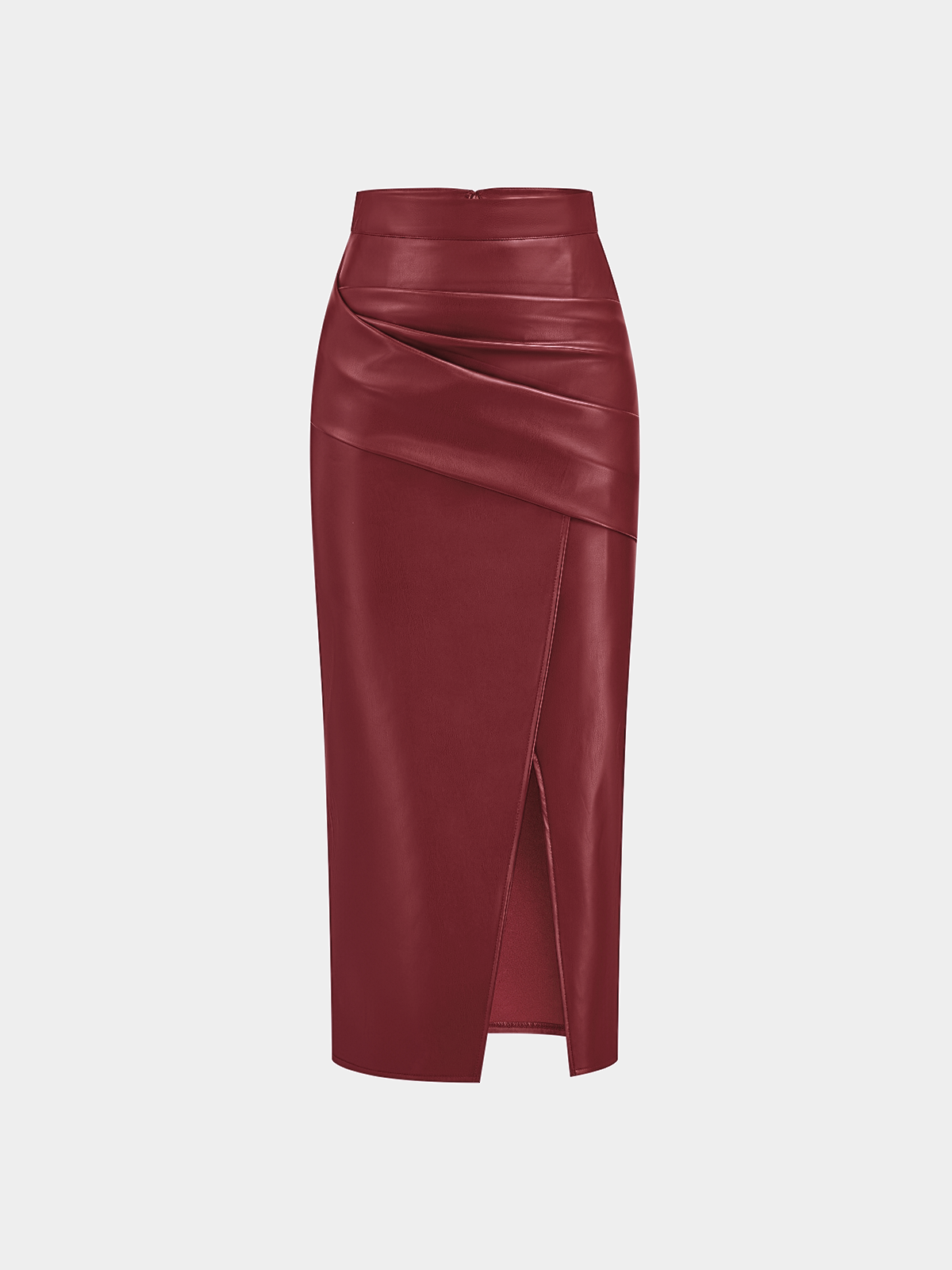 Ruched Slit PU Leather Midi Skirt