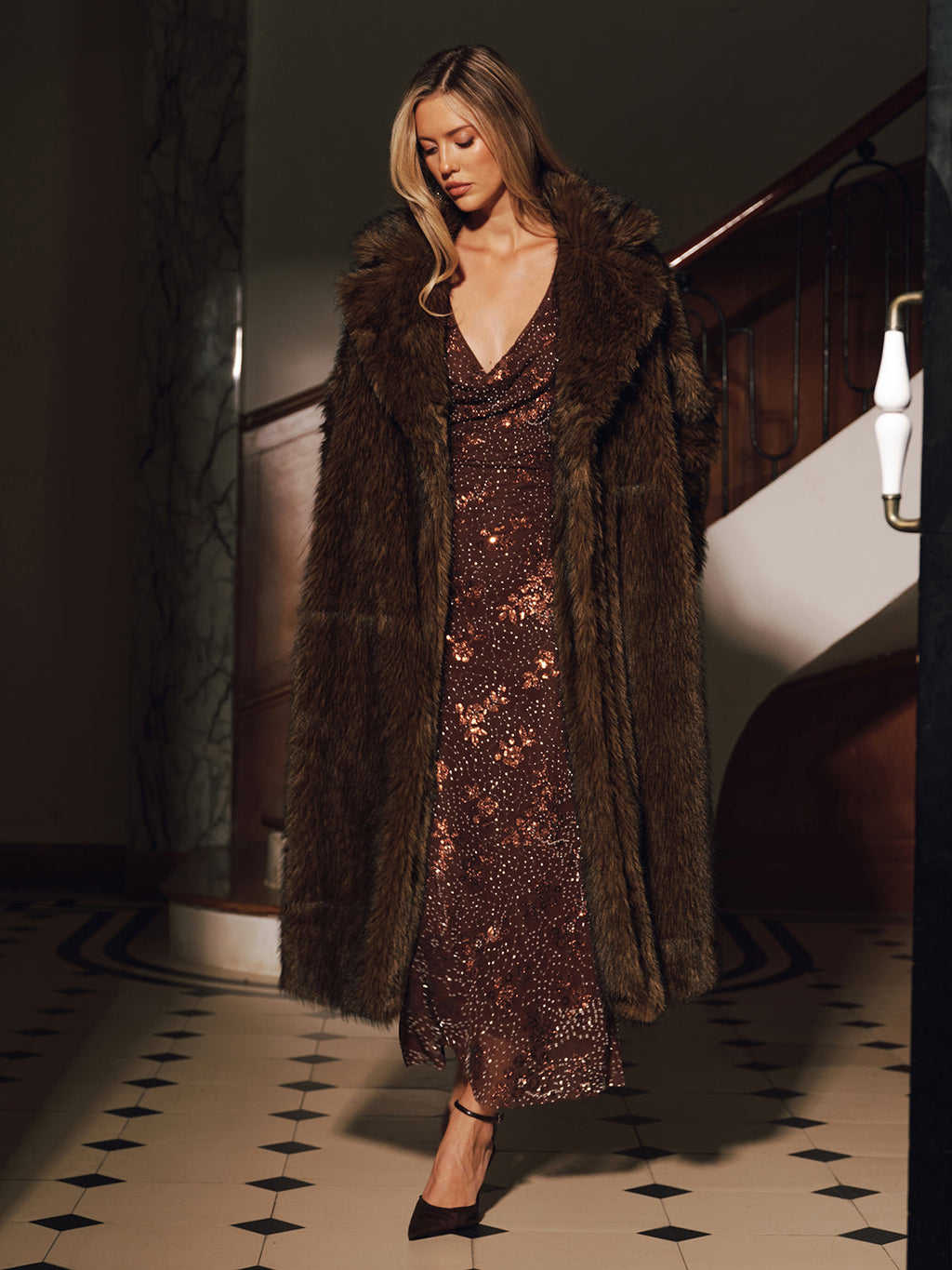 Lapel Faux Fur Longline Coat without Belt