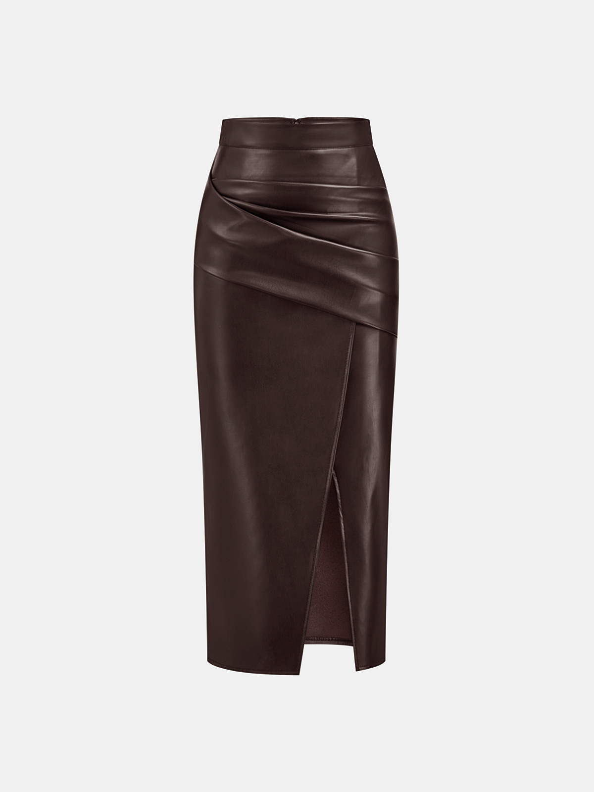 Ruched Slit PU Leather Midi Skirt