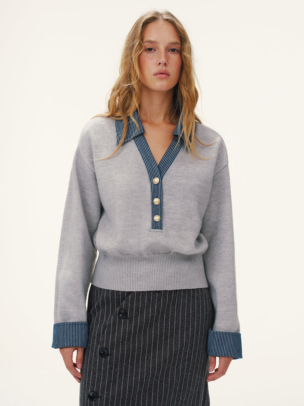 Gestreifter Denim-Panel-Polopullover