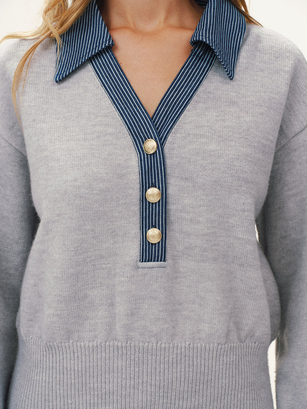 Gestreifter Denim-Panel-Polopullover