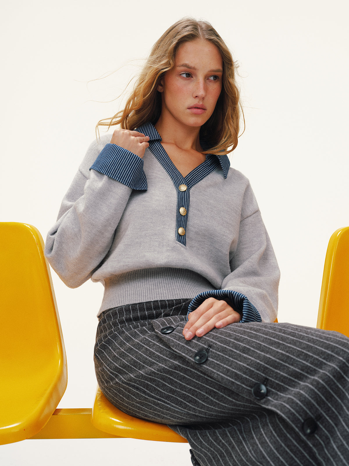 Gestreifter Denim-Panel-Polopullover