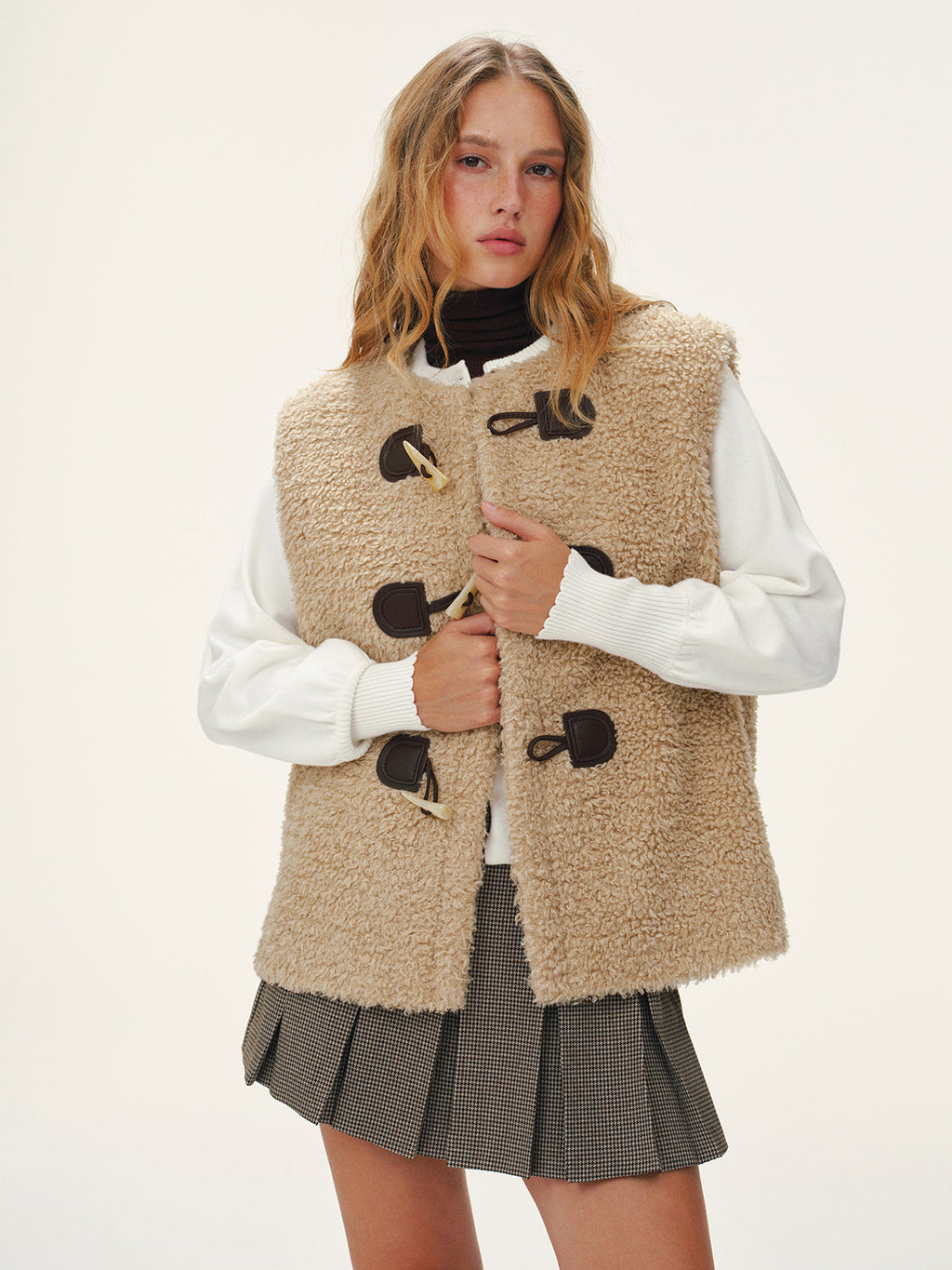 Faux Leather Buckle Fleece Sleeveless Vest