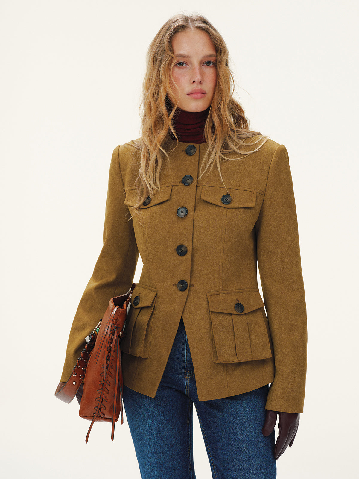 Button-Front Suede-Effect Blazer